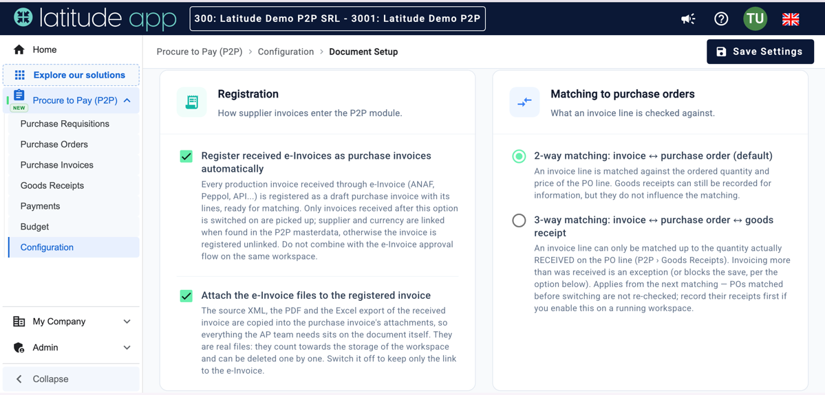 Latitude App Procure-to-Pay module, Configuration: automatic registration of invoices received through e-invoicing and 2-way or 3-way matching