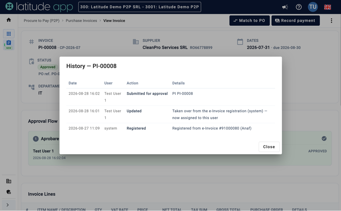 History of an invoice in Latitude App: registered automatically from e-invoicing, taken over by a user, submitted for approval