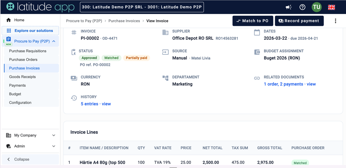 Purchase invoice in the Latitude App Procure-to-Pay module: approved, matched to the order and partially paid