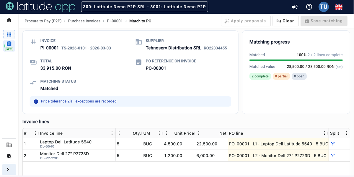 Latitude App Procure-to-Pay module: invoice fully matched to the order, 2 of 2 lines, 2% price tolerance