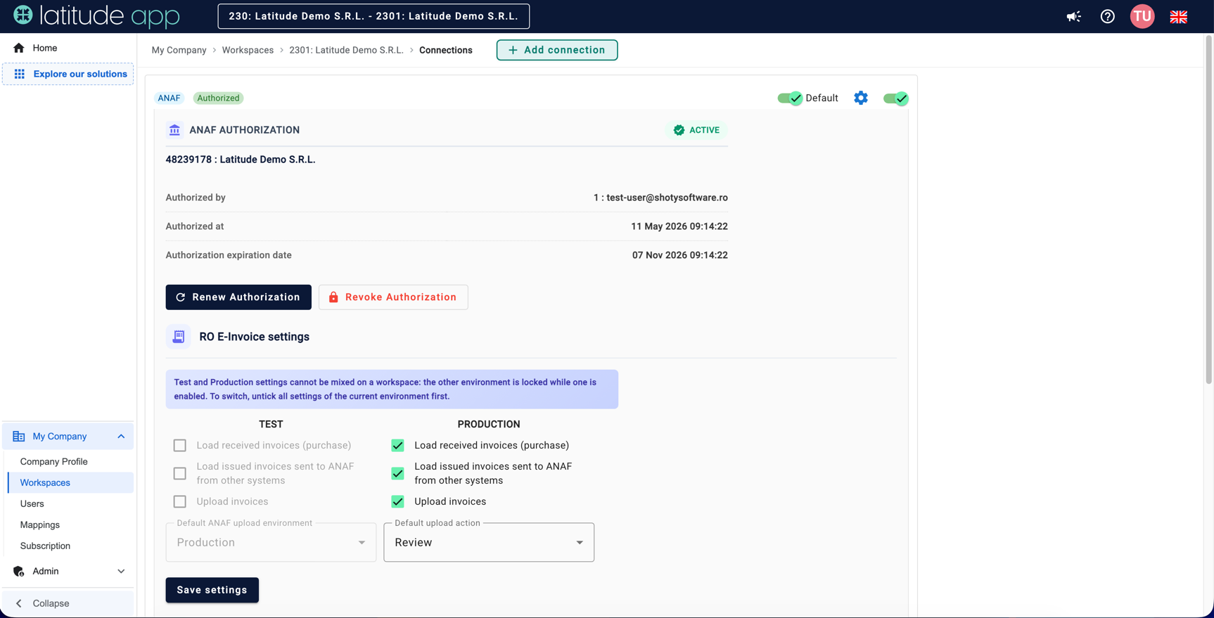 Conexiunea din „My company": autorizarea ANAF activă și setările RO e-Invoice, pe mediul de test sau de producție.