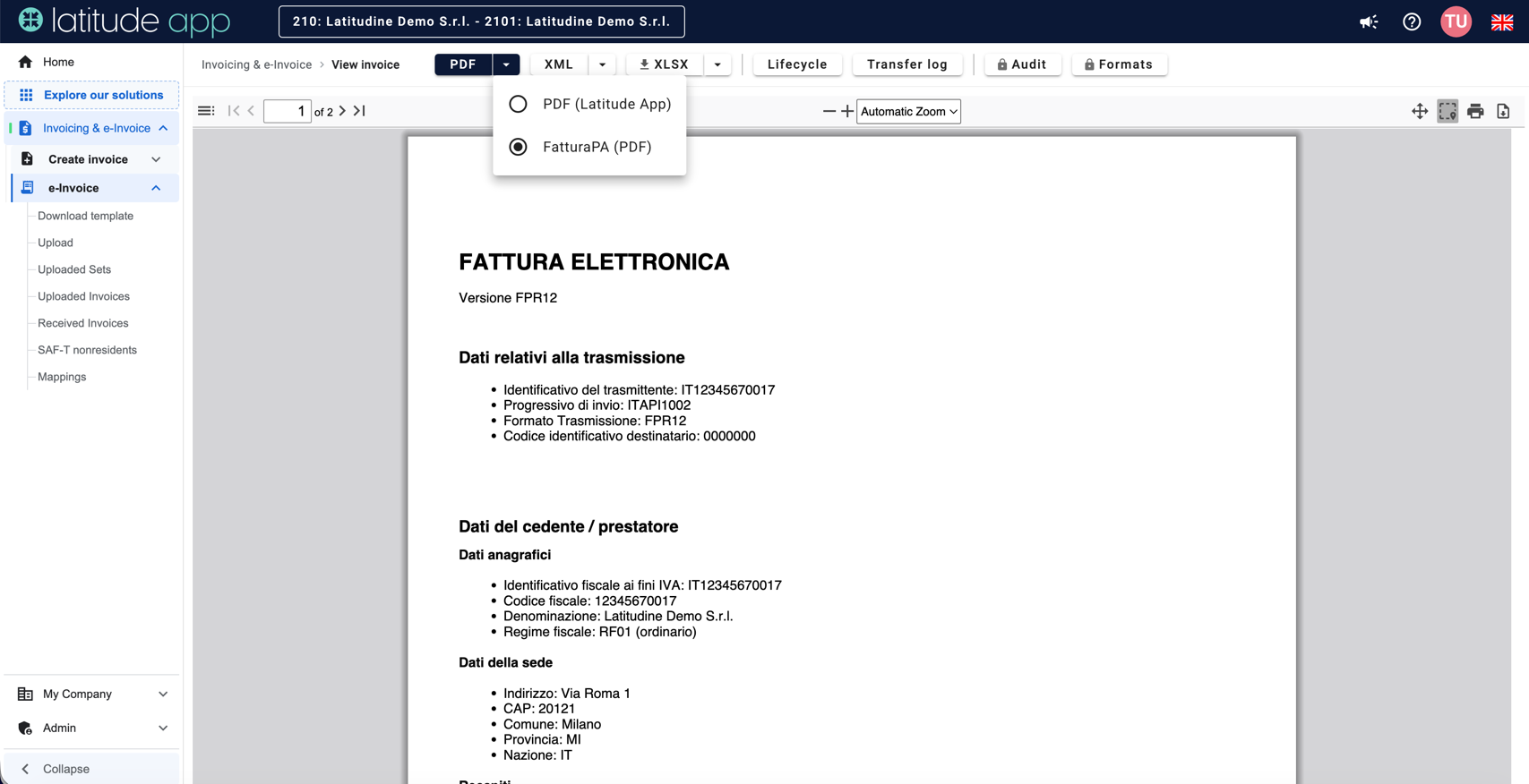 Previzualizarea PDF/HTML a unei facturi FatturaPA, generată cu layout-ul oficial Agenzia delle Entrate.
