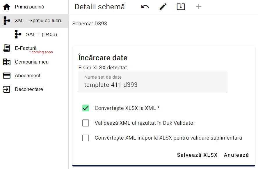 Acțiuni disponibile după încărcarea fișierului Excel