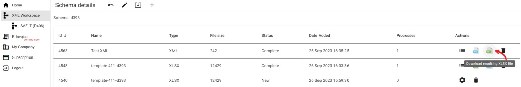 Dataset processing results with download actions