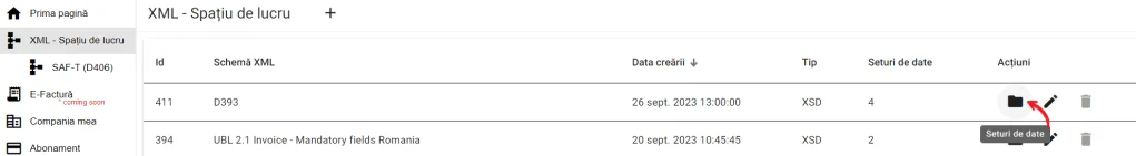 XML Spațiu de lucru cu butonul Seturi de date