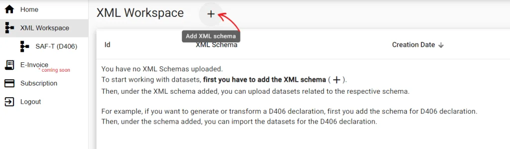 XML Workspace with no schemas uploaded